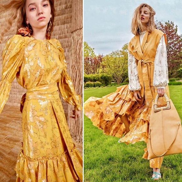 Ulla Johnson SET Rashida Skirt Aster Top Citrine Gold Yellow Metallic Maxi 12 XL - Picture 15 of 16